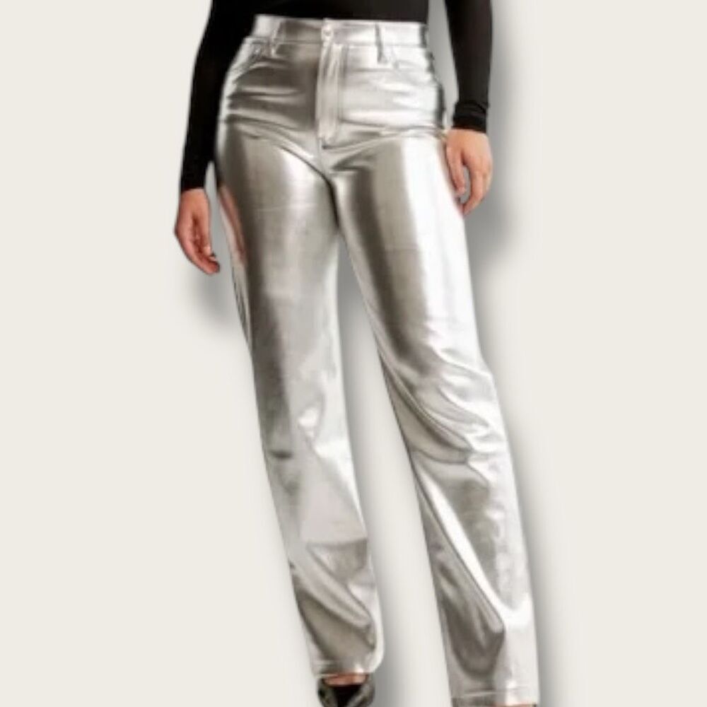 Abercrombie & Fitch 90s Relaxed High-Rise Silver Vegan Leather Sz 16